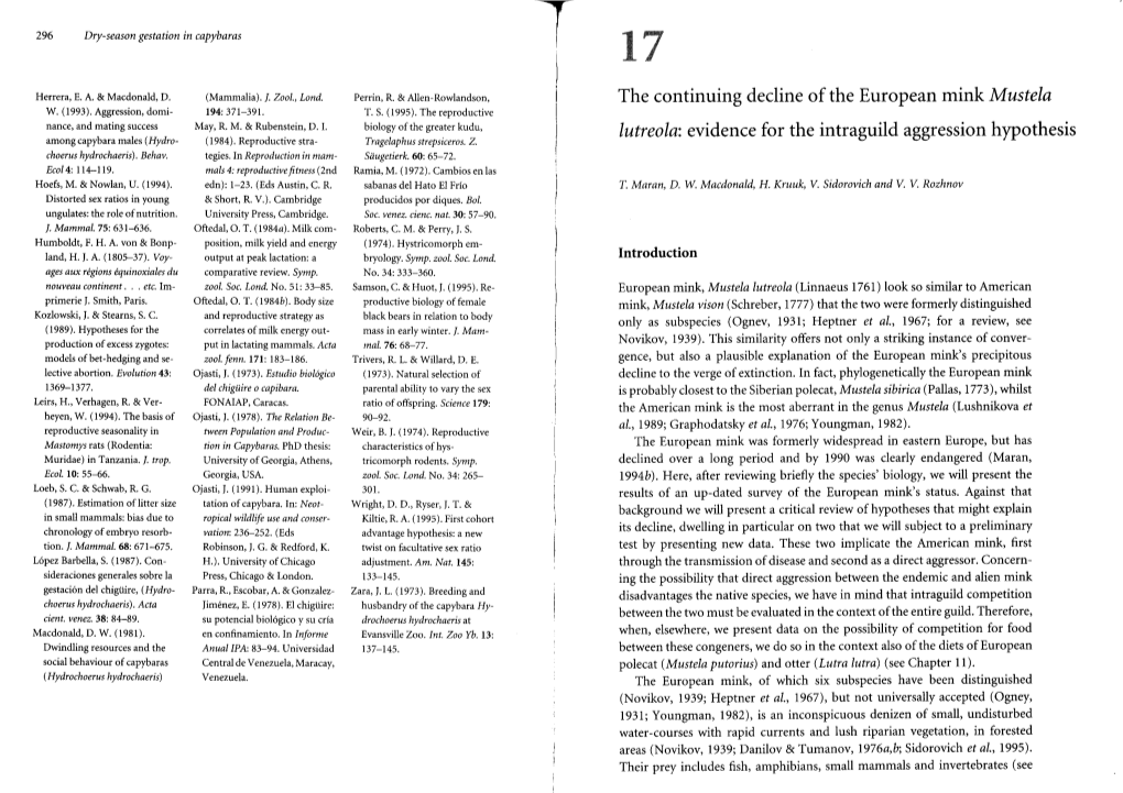 The Continuing Decline of the European Mink Mustela Lutreola: Et D'ecologie Animale, Univer- S.A