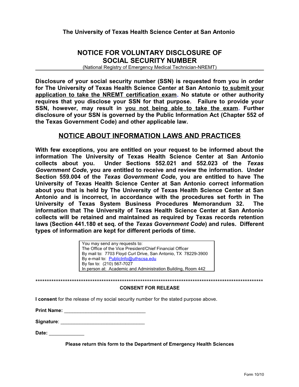 Notice for Voluntary Disclosure of Social Security Number