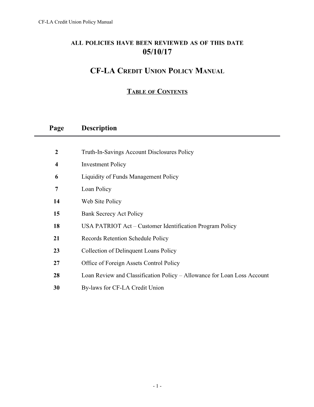 Cf-La Credit Union Policy Manual