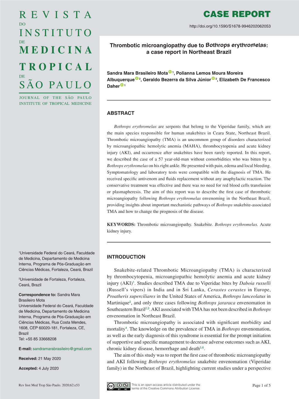 Thrombotic Microangiopathy Due to Bothrops Erythromelas: a Case Report in Northeast Brazil