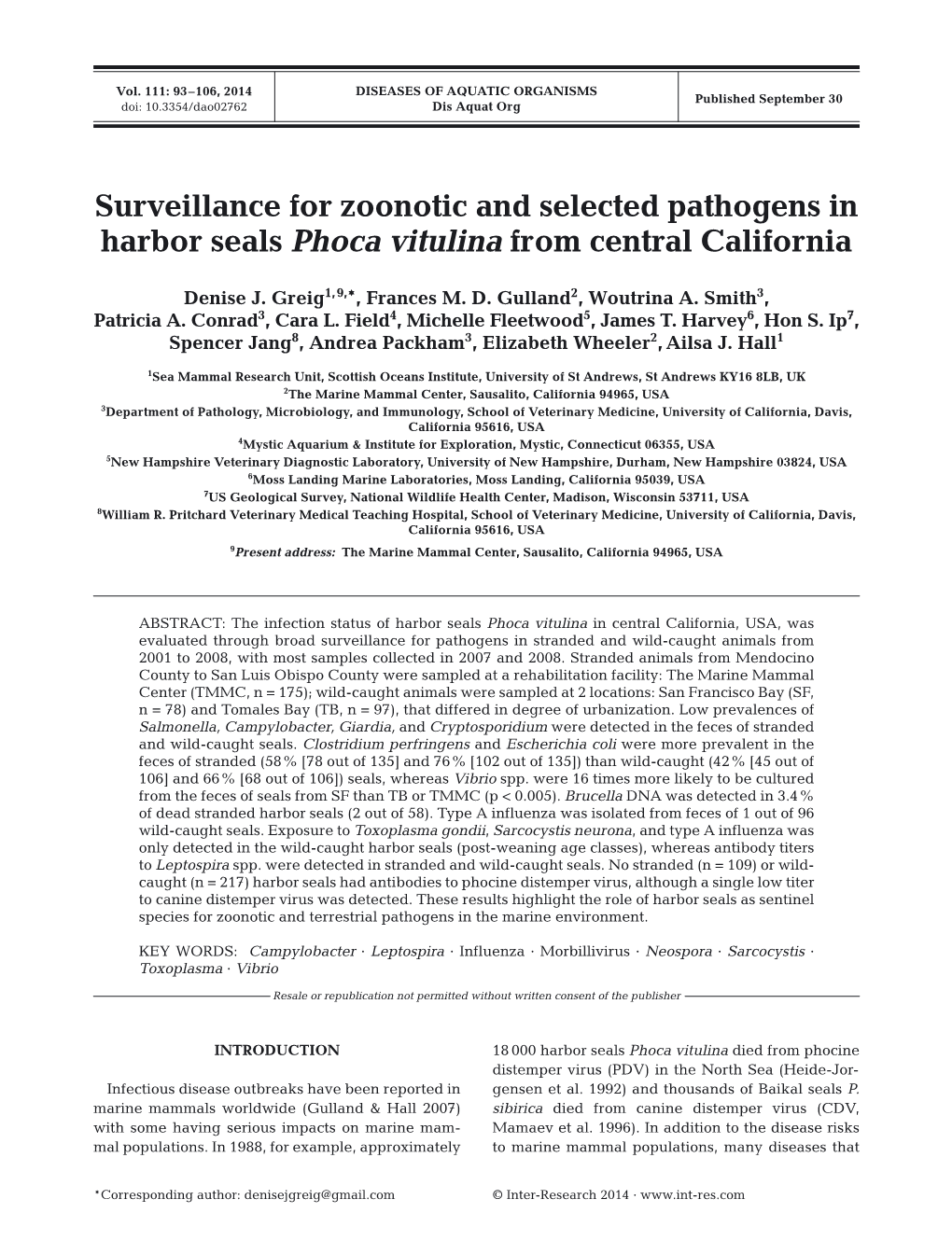 Surveillance for Zoonotic and Selected Pathogens in Harbor Seals Phoca Vitulina from Central California