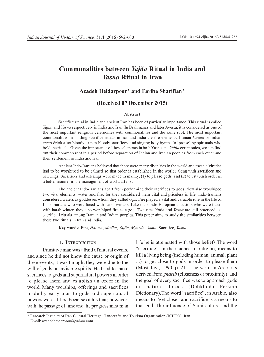 Commonalities Between Yaj–A Ritual in India and Yasna Ritual in Iran