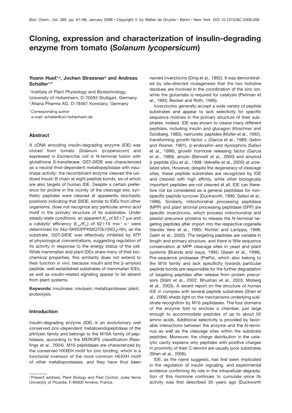 Cloning, Expression and Characterization of Insulin-Degrading Enzyme from Tomato (Solanum Lycopersicum)