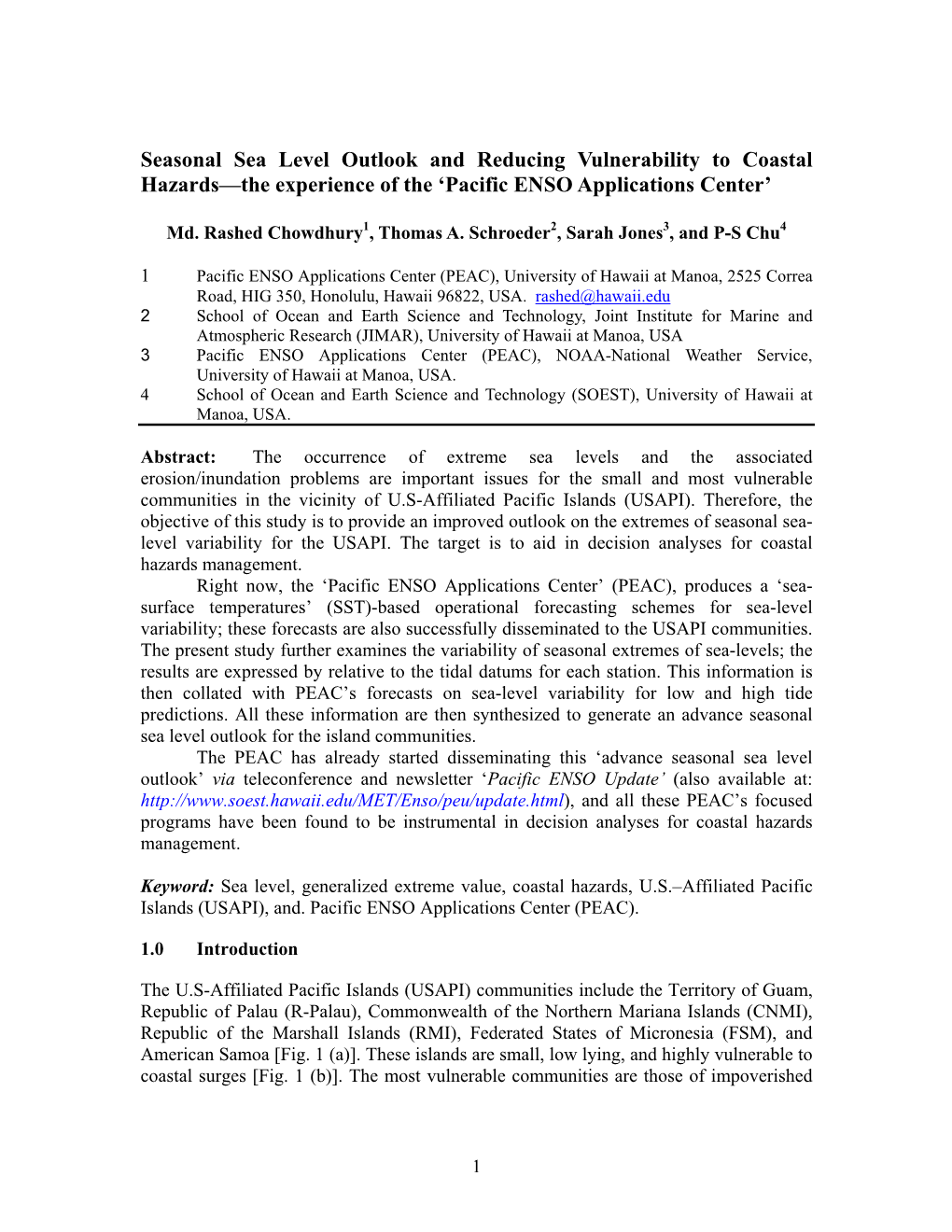 Seasonal Sea Level Outlook and Reducing Vulnerability to Coastal Hazards—The Experience of the ‘Pacific ENSO Applications Center’