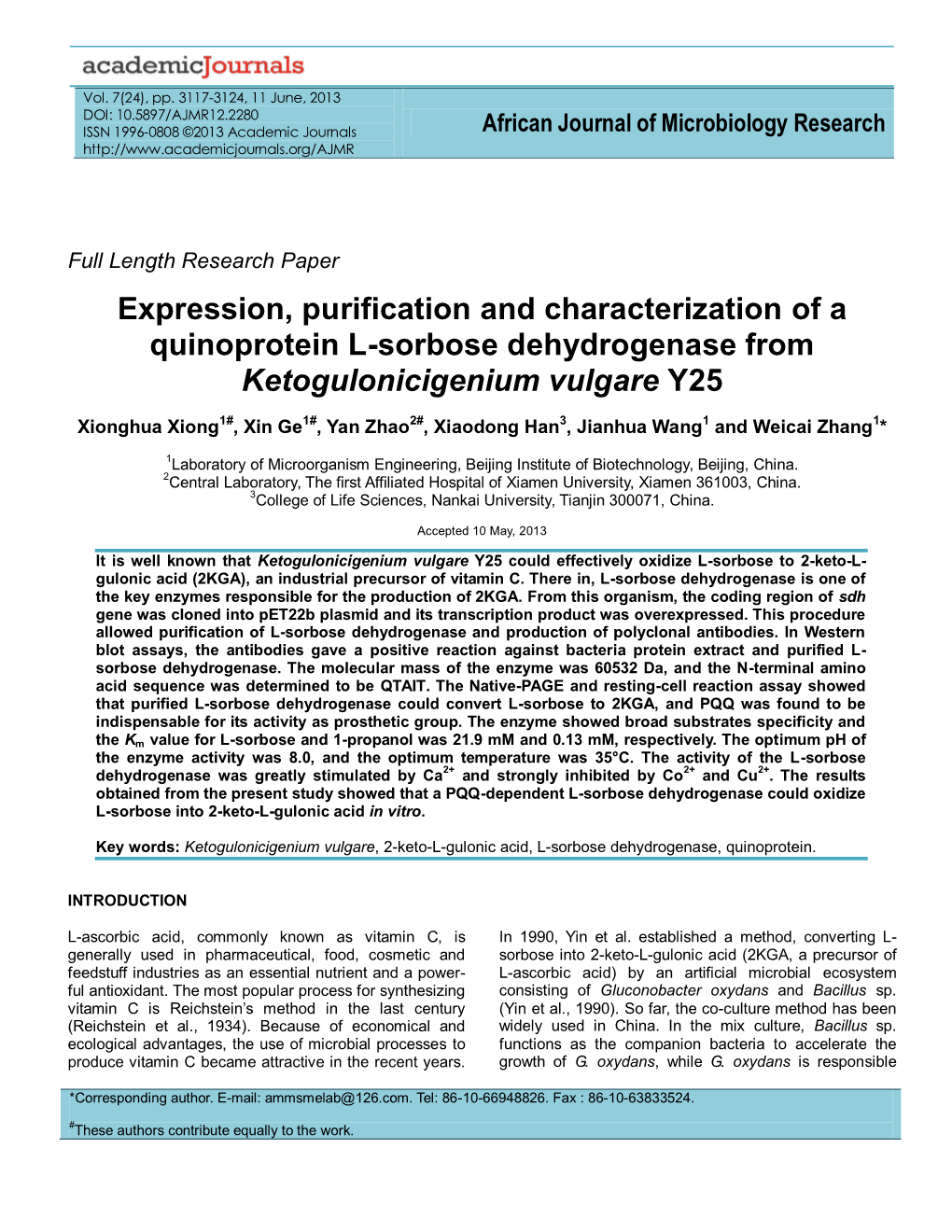 Expression, Purification and Characterization of a Quinoprotein L-Sorbose Dehydrogenase from Ketogulonicigenium Vulgare Y25