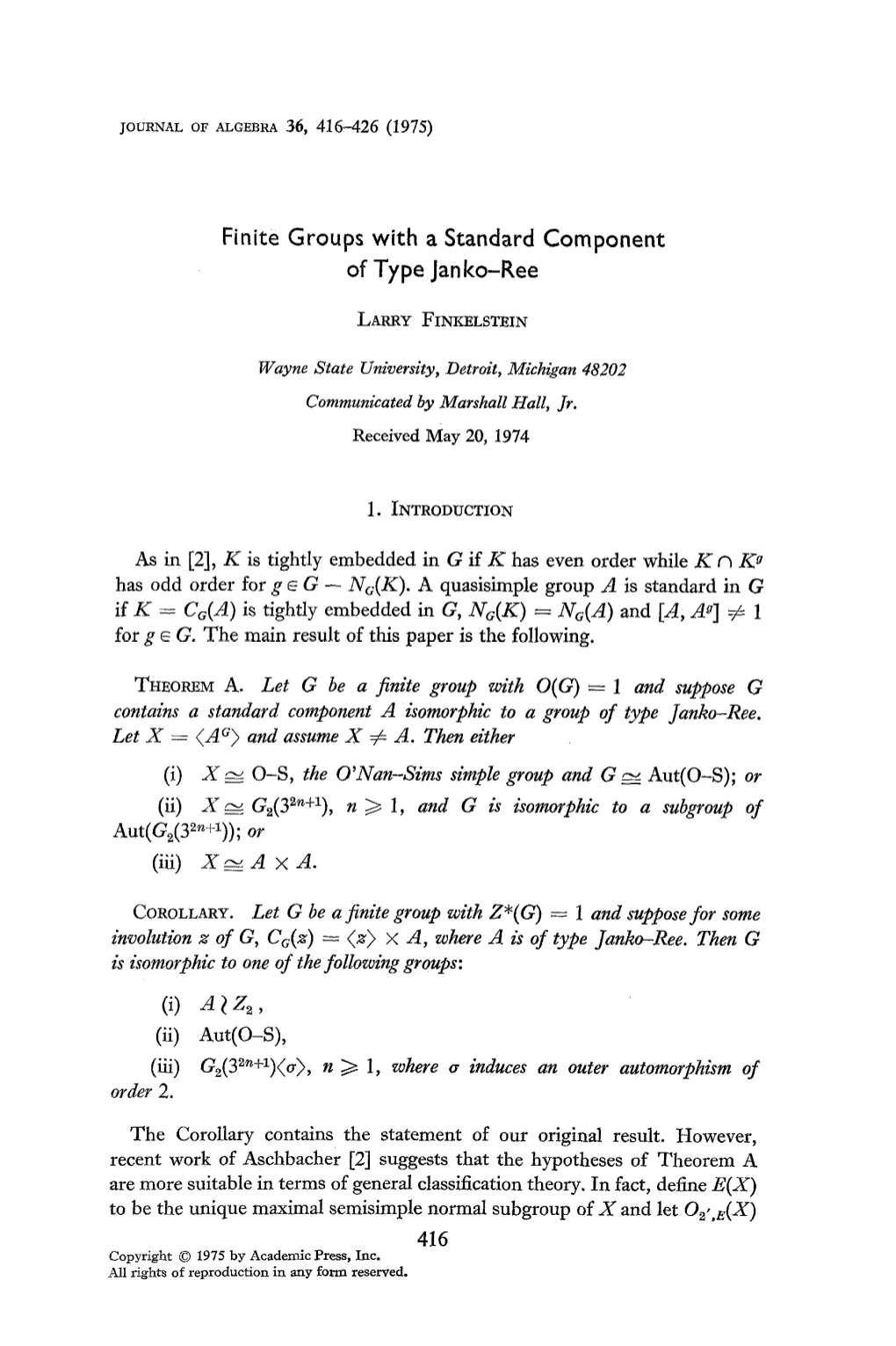 Finite Groups with a Standard Component of Type Jan Ko-Ree