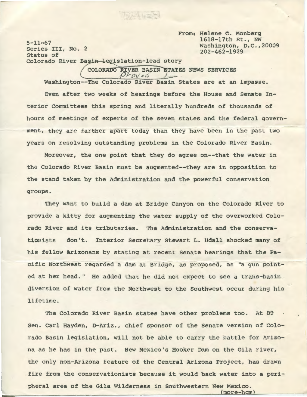 5-11-67 Series III, No. 2 Status of Colorado River From: Helene C