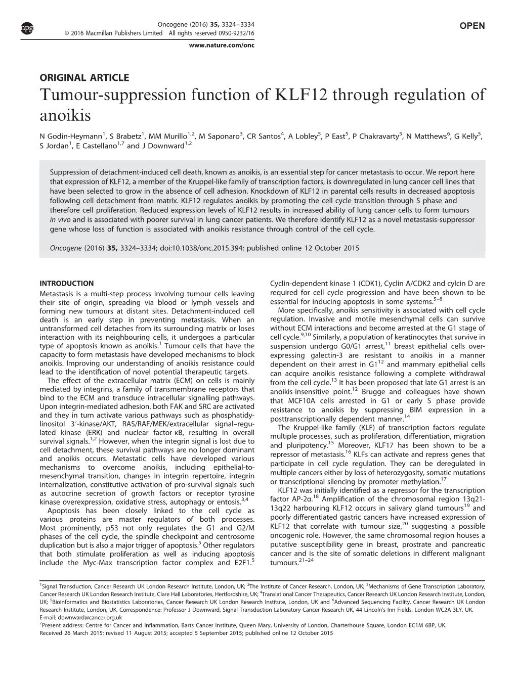 Tumour-Suppression Function of KLF12 Through Regulation of Anoikis