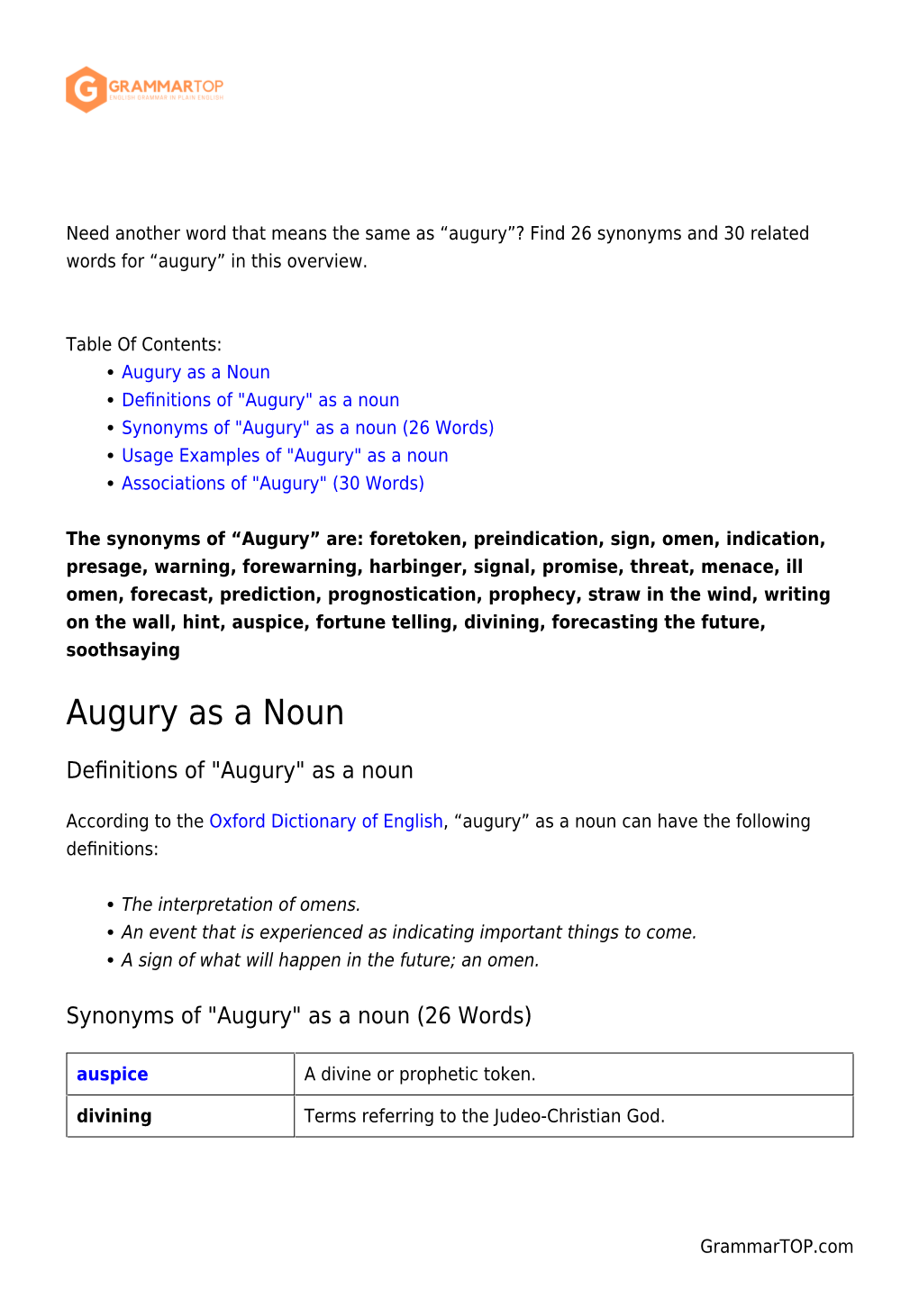 Augury”? Find 26 Synonyms and 30 Related Words for “Augury” in This Overview