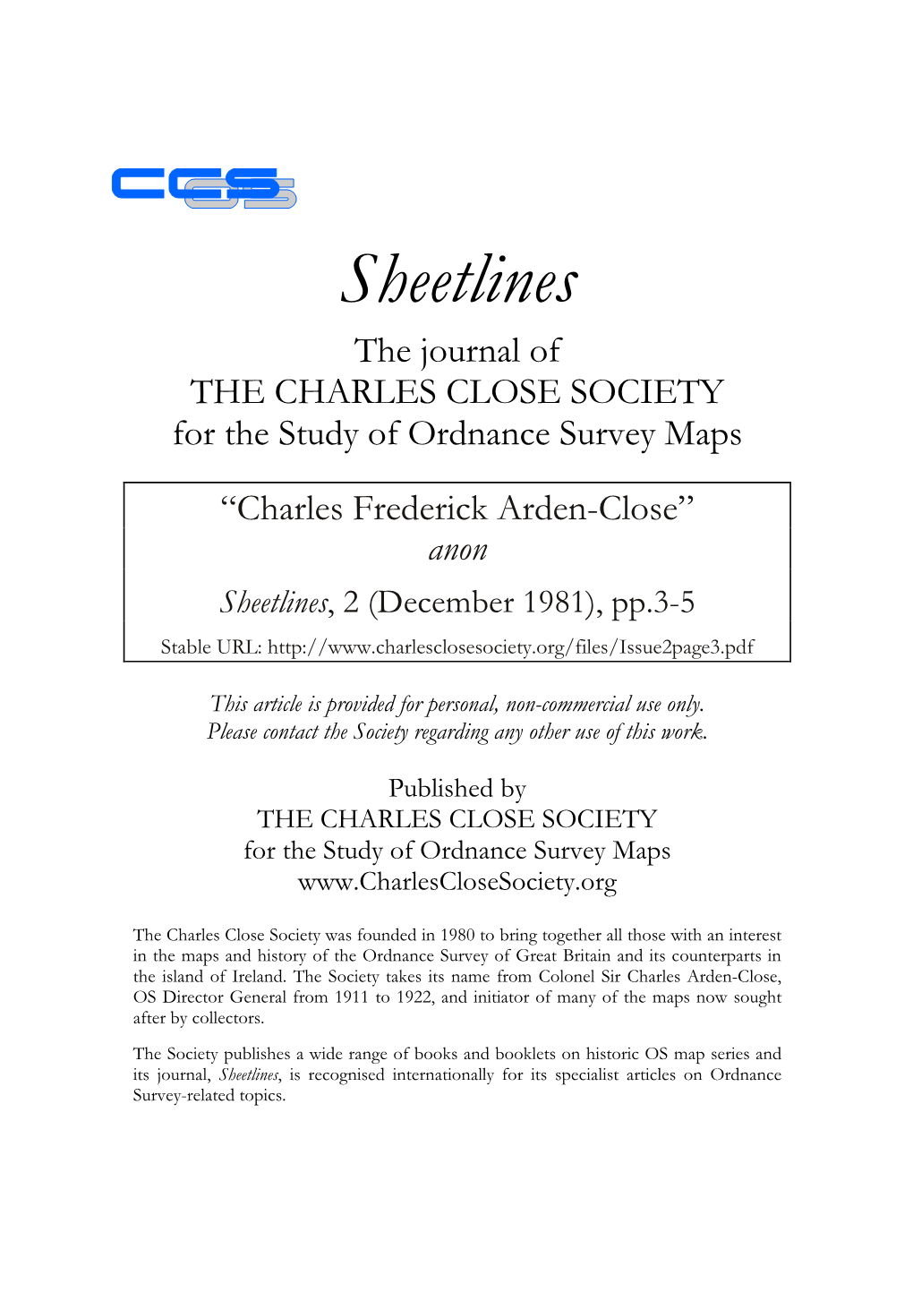 Sheetlines the Journal of the CHARLES CLOSE SOCIETY for the Study of Ordnance Survey Maps