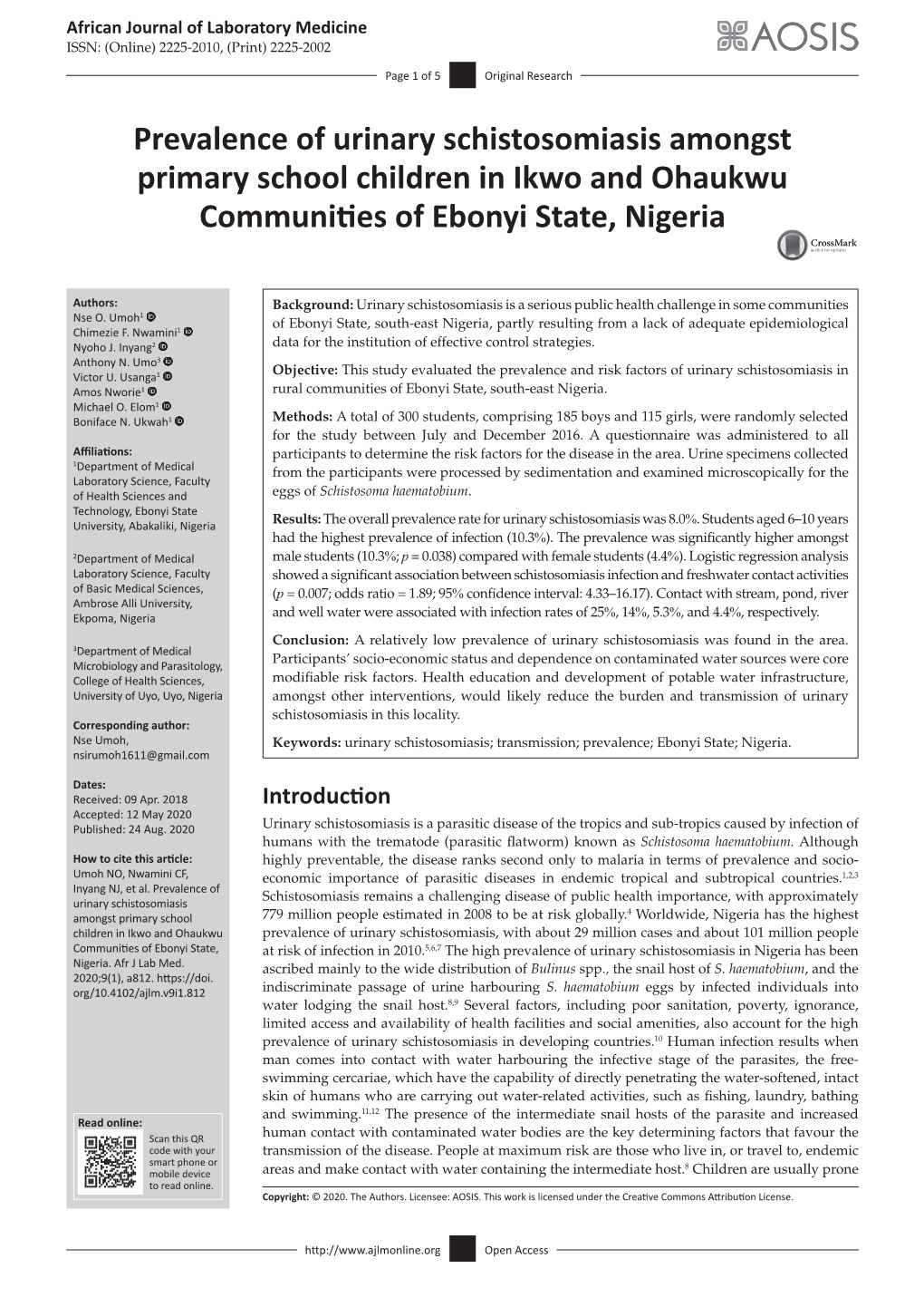 Prevalence of Urinary Schistosomiasis Amongst Primary School Children in Ikwo and Ohaukwu Communities of Ebonyi State, Nigeria