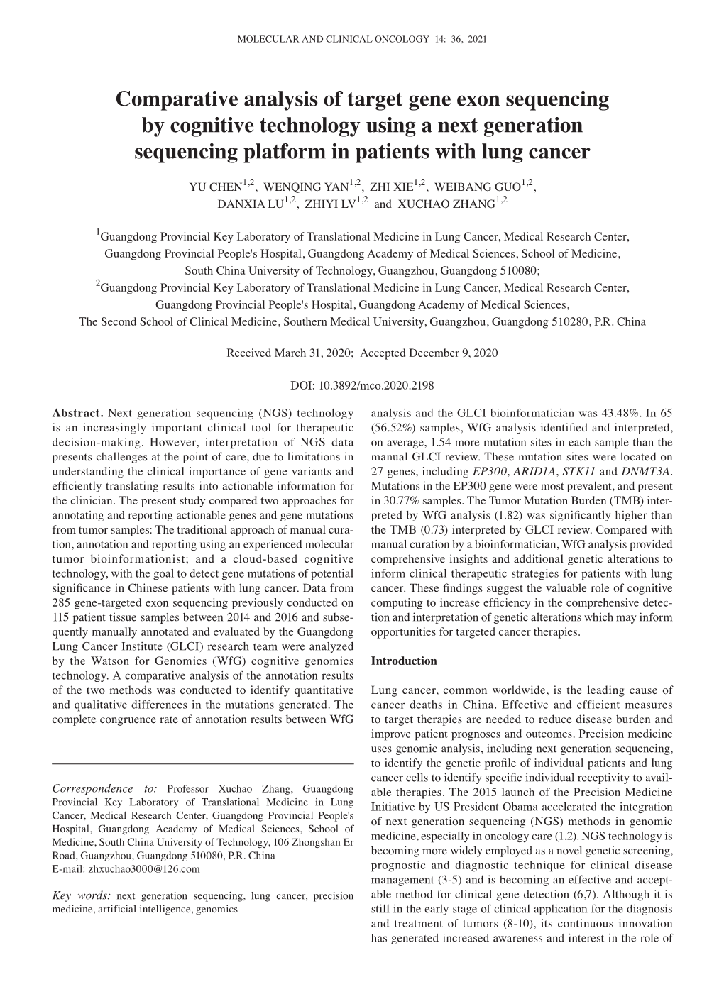 Comparative Analysis of Target Gene Exon Sequencing by Cognitive Technology Using a Next Generation Sequencing Platform in Patients with Lung Cancer