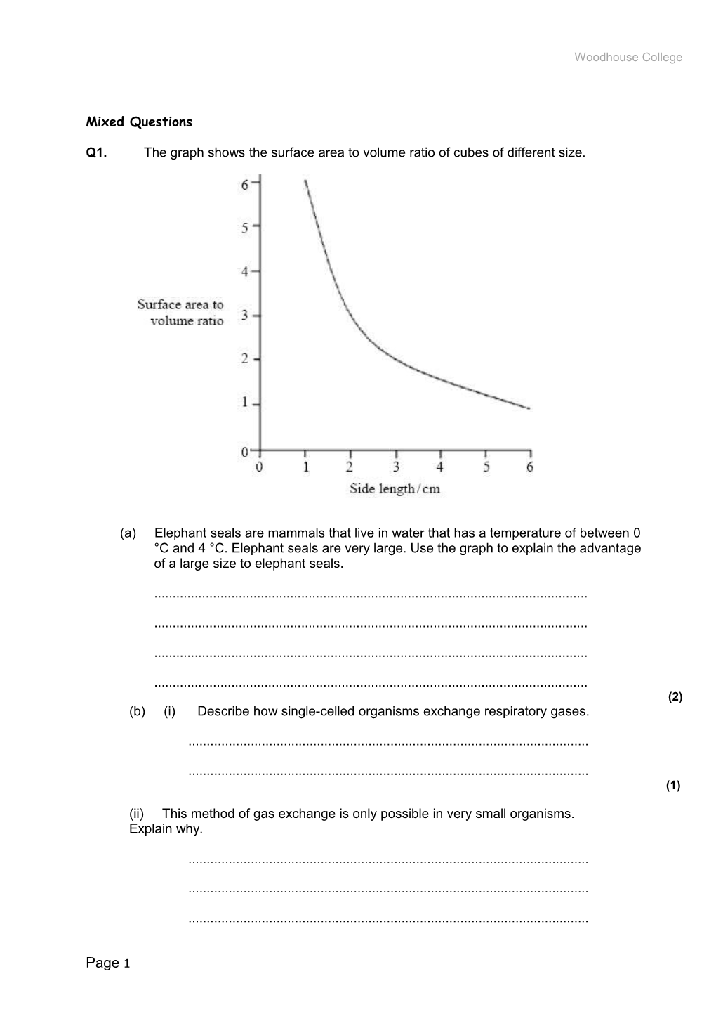 Q1. the Graph Shows the Surface Area to Volume Ratio of Cubes of Different Size