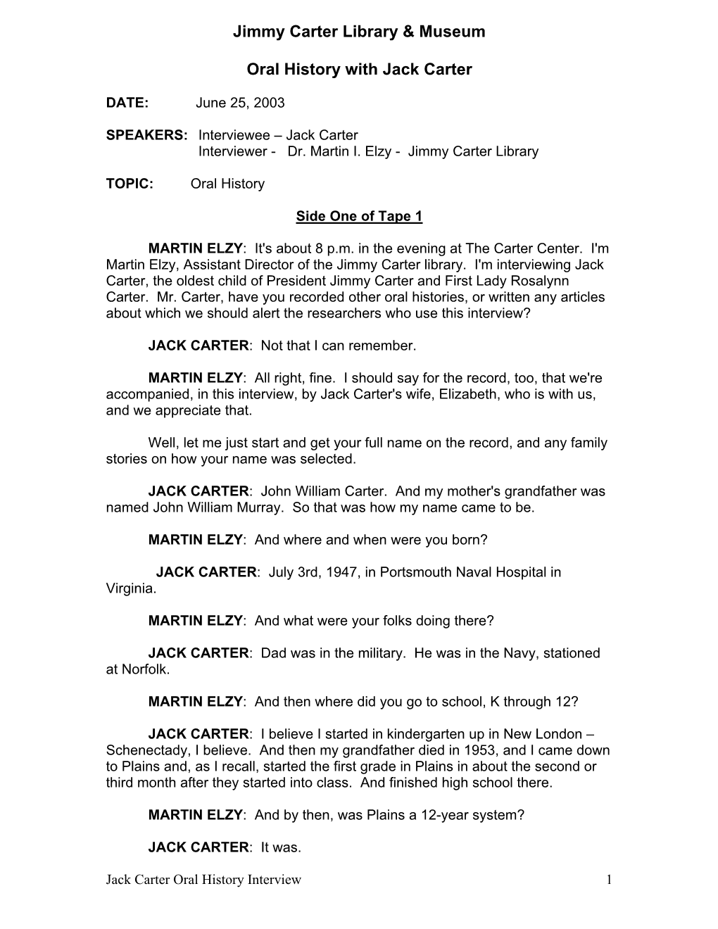 Jack Carter Oral History – Tape 2