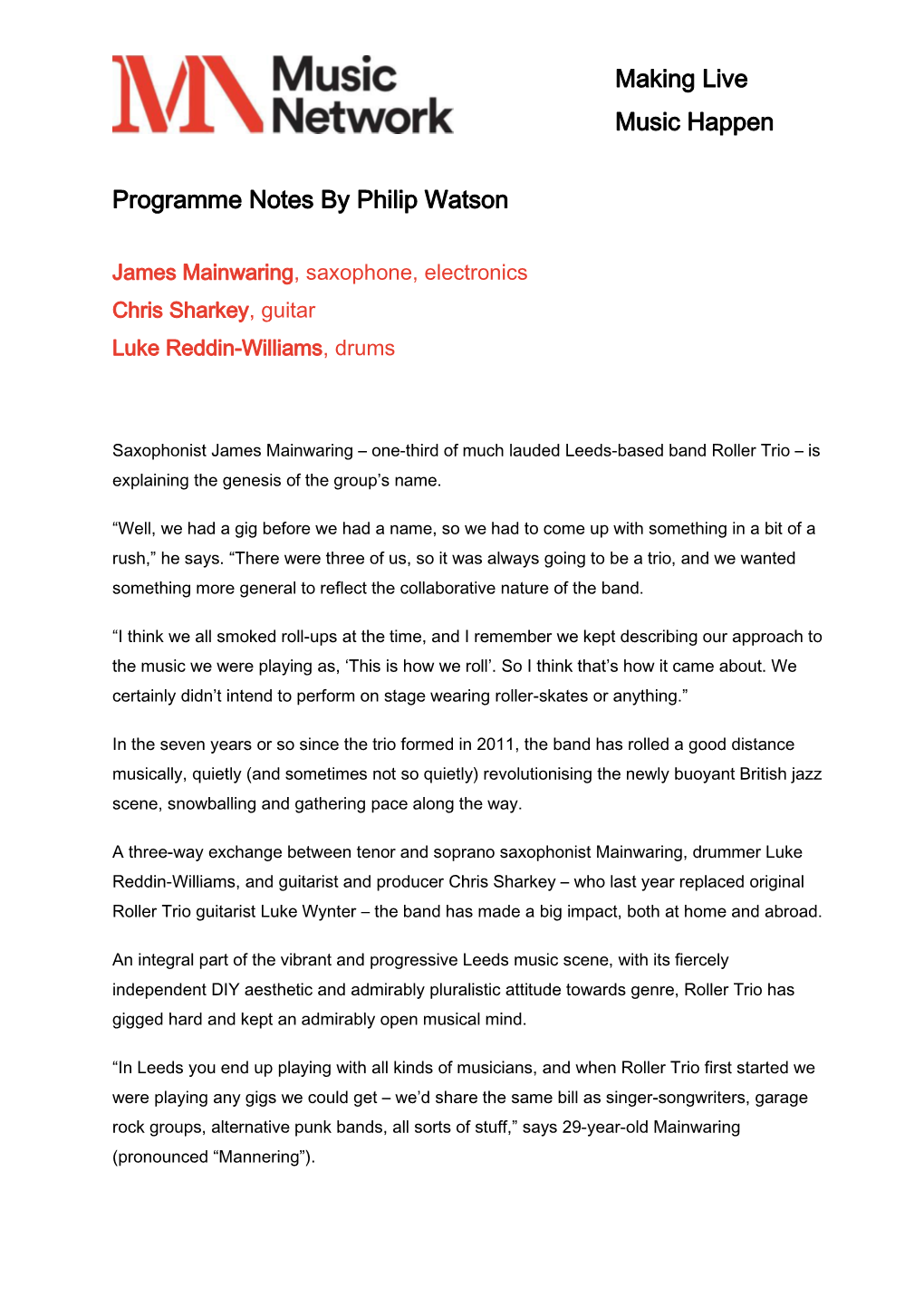 Making Live Music Happen Programme Notes by Philip Watson