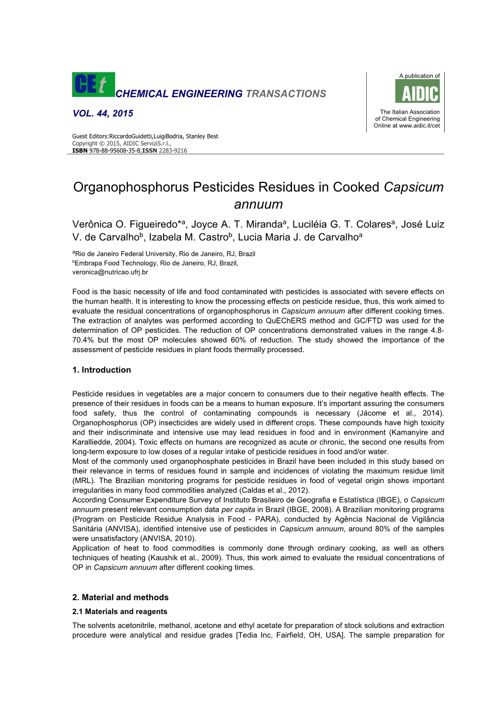 Organophosphorus Pesticides Residues in Cooked Capsicum Annuum Verônica O