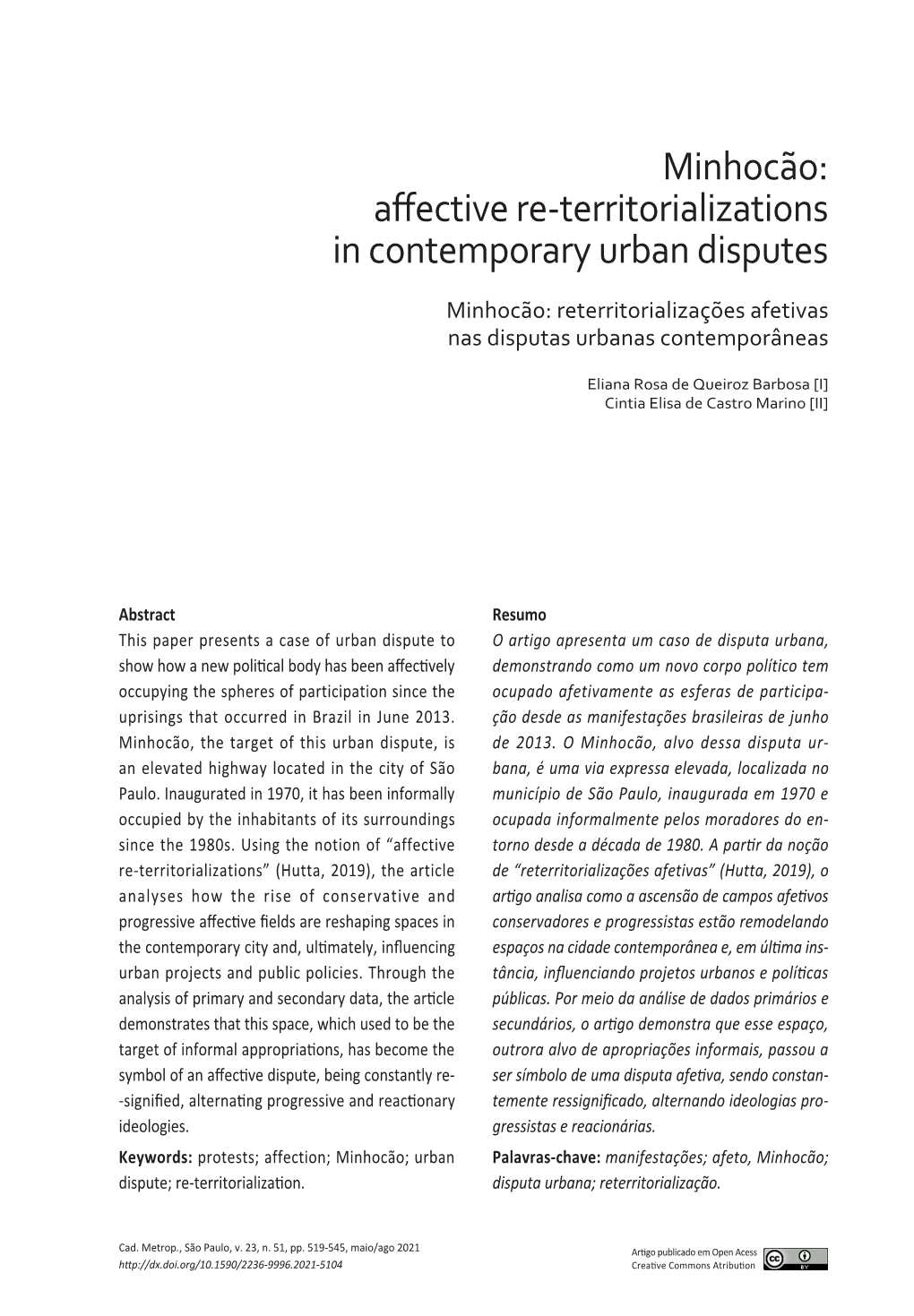 Affective Re-Territorializations in Contemporary Urban Disputes