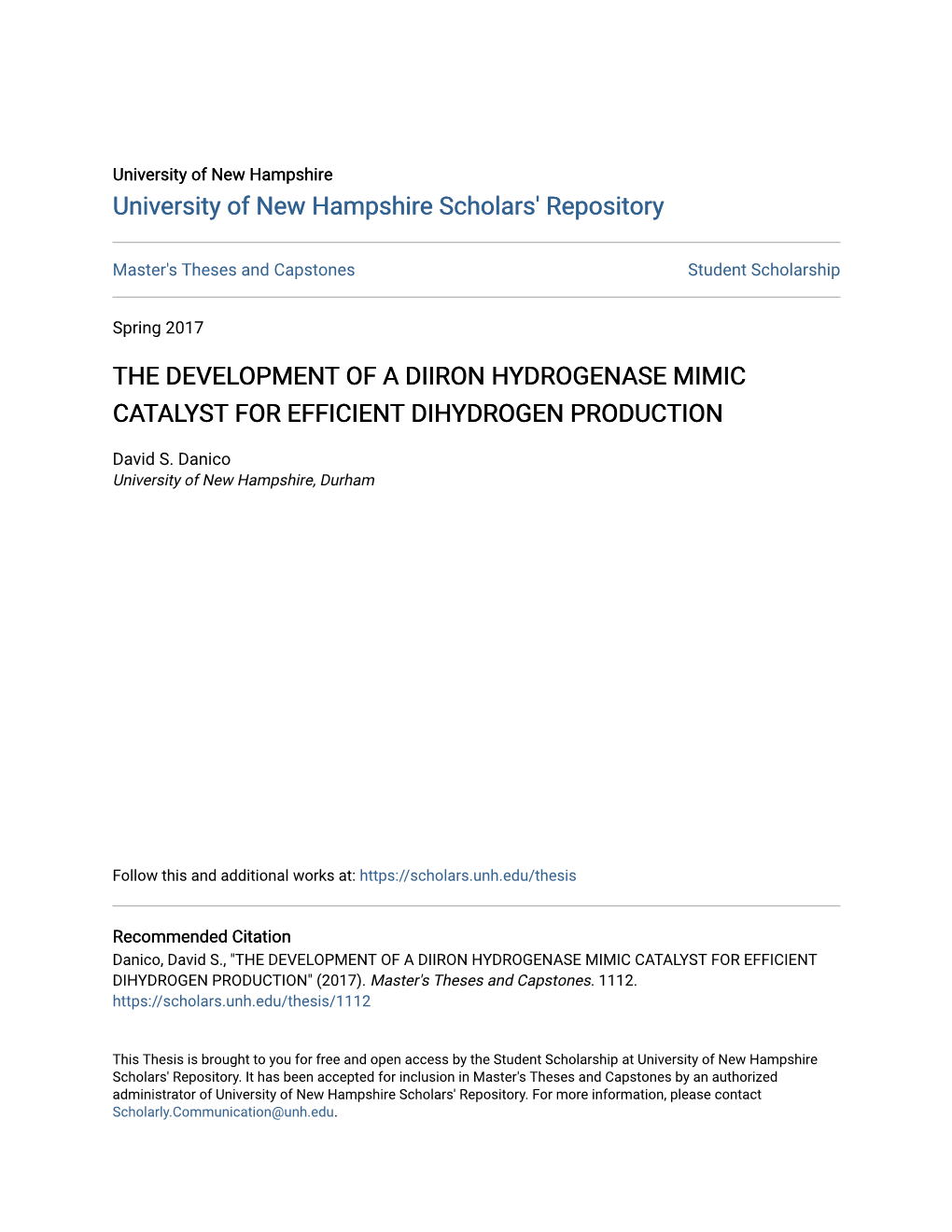 The Development of a Diiron Hydrogenase Mimic Catalyst for Efficient Dihydrogen Production