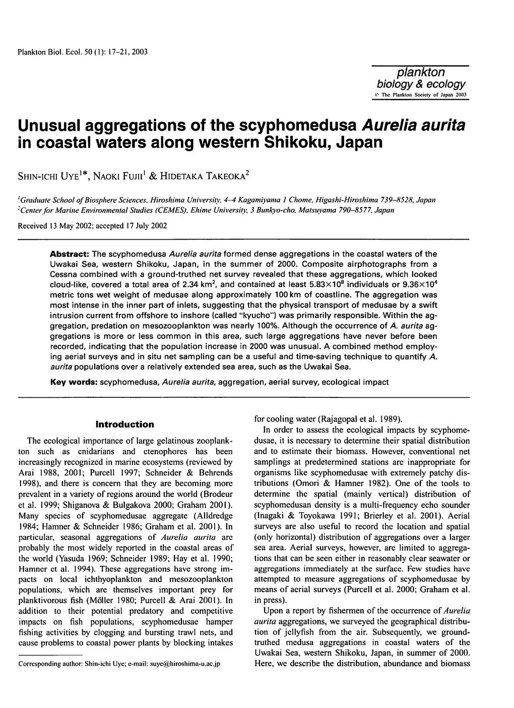 Unusual Aggregations of the Scyphomedusa Aurelia Aurita in Coastal Waters Along Western Shikoku, Japan