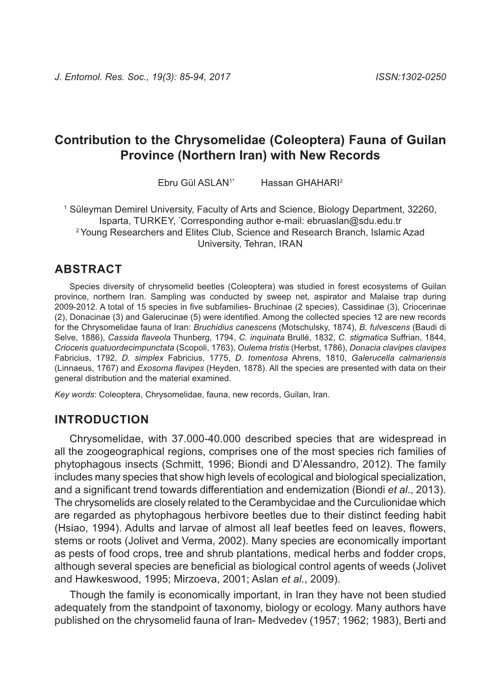 Contribution to the Chrysomelidae (Coleoptera) Fauna of Guilan Province (Northern Iran) with New Records