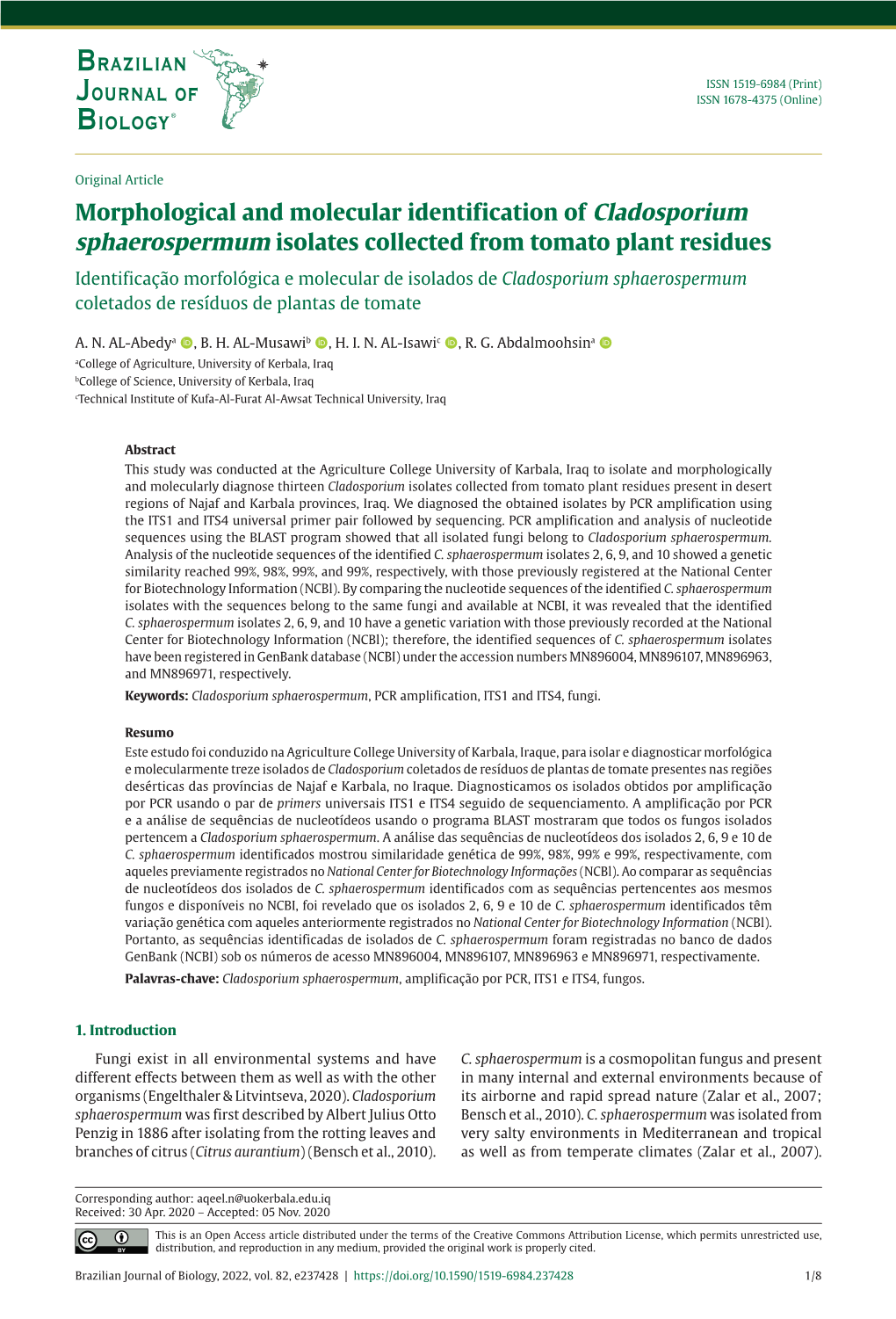 Morphological and Molecular Identification of Cladosporium Sphaerospermum Isolates Collected from Tomato Plant Residues