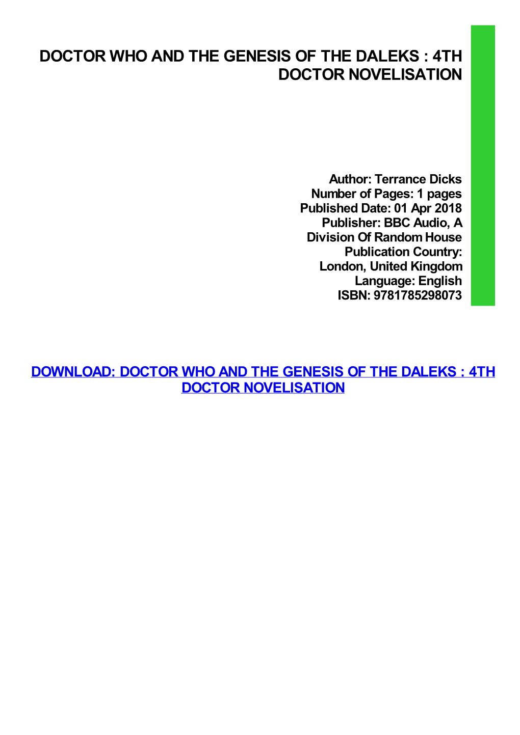 {PDF} Doctor Who and the Genesis of the Daleks : 4Th