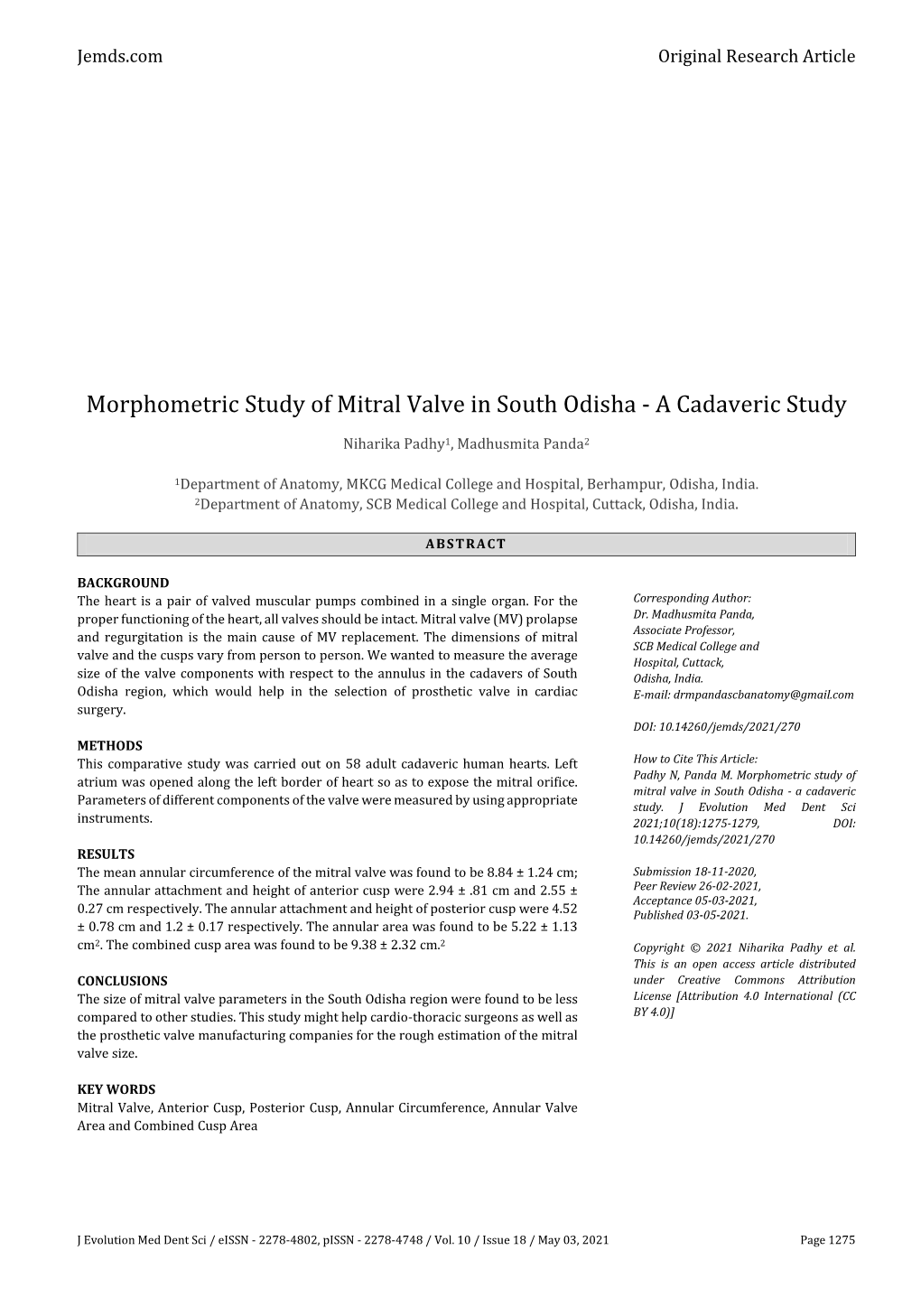 Morphometric Study of Mitral Valve in South Odisha - a Cadaveric Study