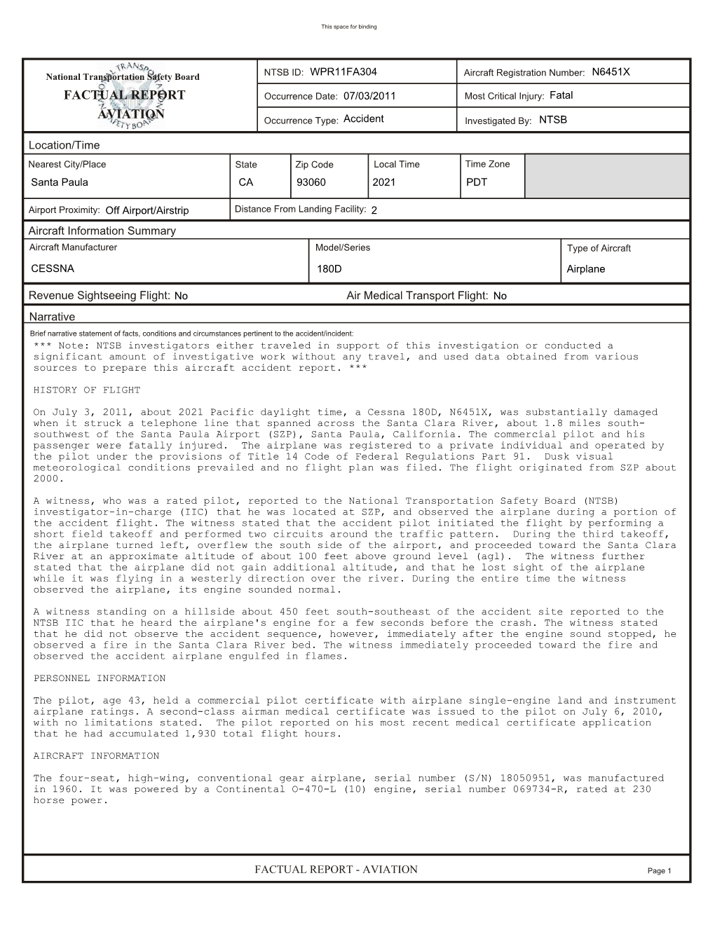 WPR11FA304 N6451X 07/03/2011 Fatal Accident NTSB Santa Paula