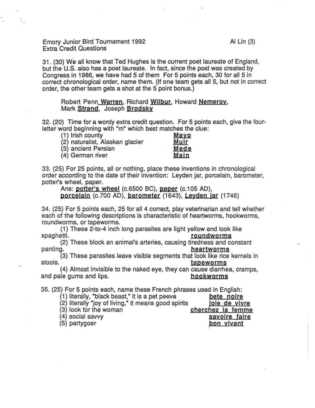 Ry Junior Bird Tournament 1992 AI Lin (3) Extra Credit Questions