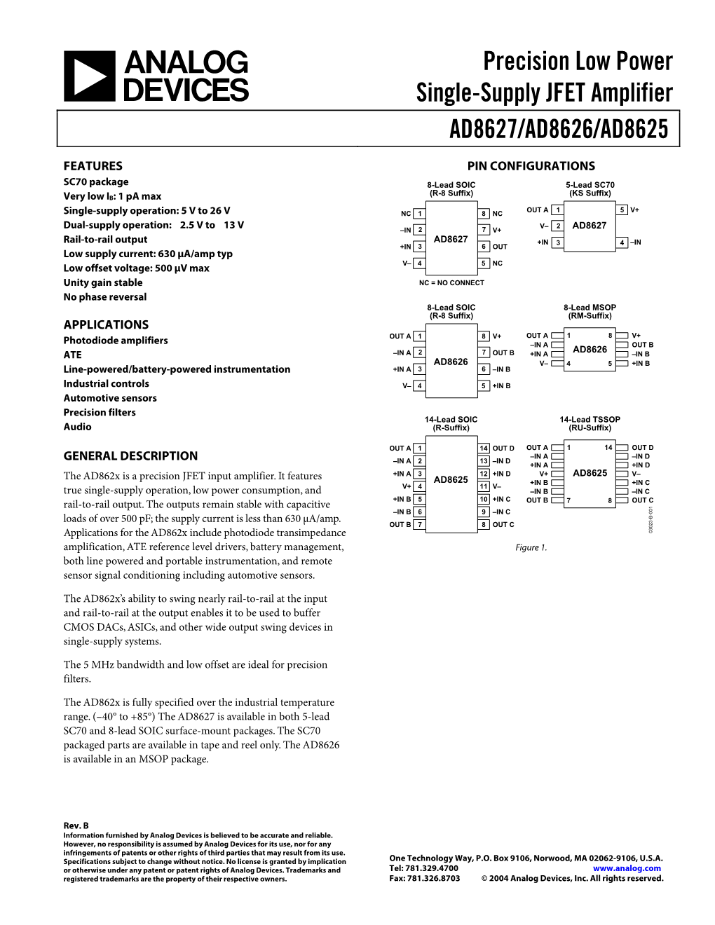 AD8627/AD8628/AD8625 Precision Low Power Single-Supply JFET Amplifier