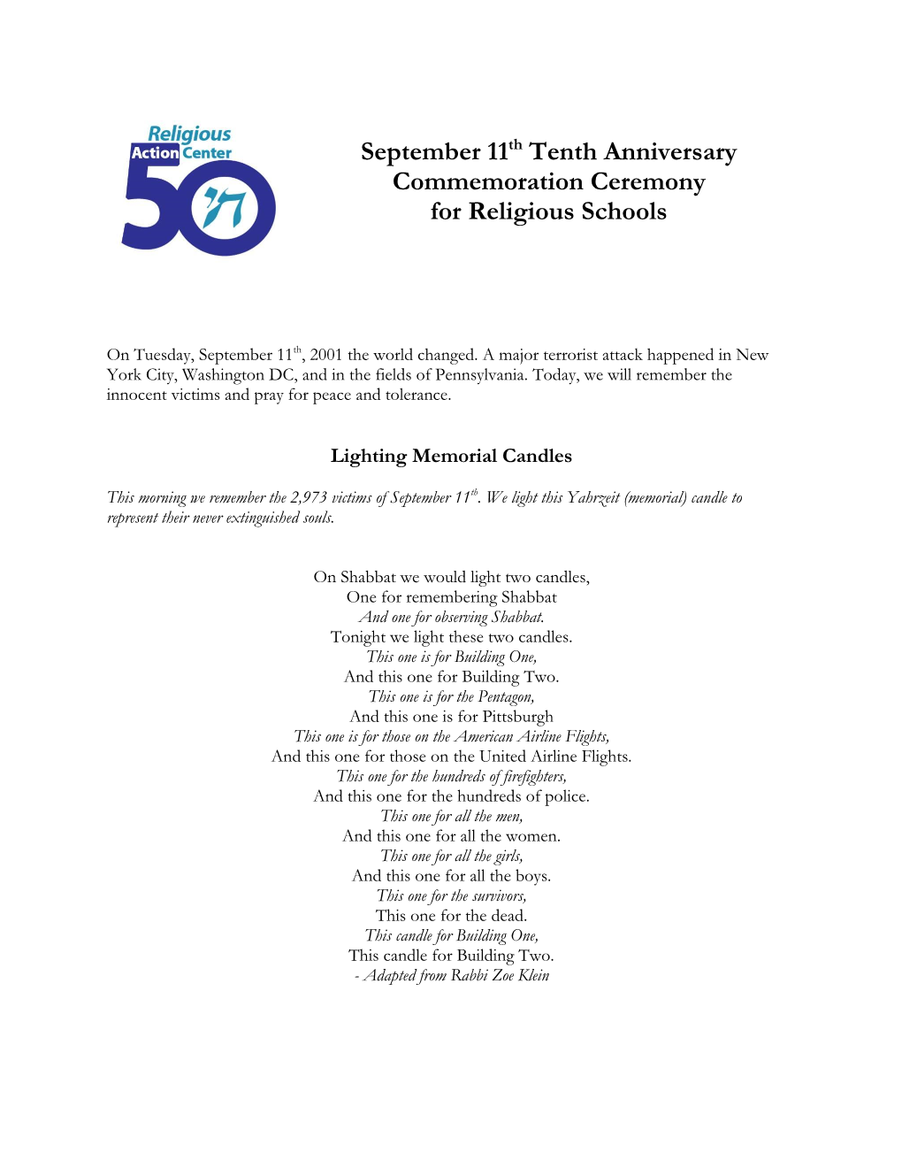 September 11Th Tenth Anniversary Commemoration Ceremony for Religious Schools