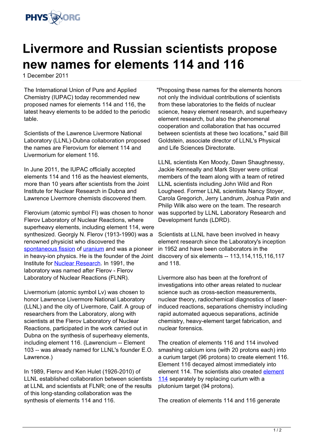 Livermore and Russian Scientists Propose New Names for Elements 114 and 116 1 December 2011