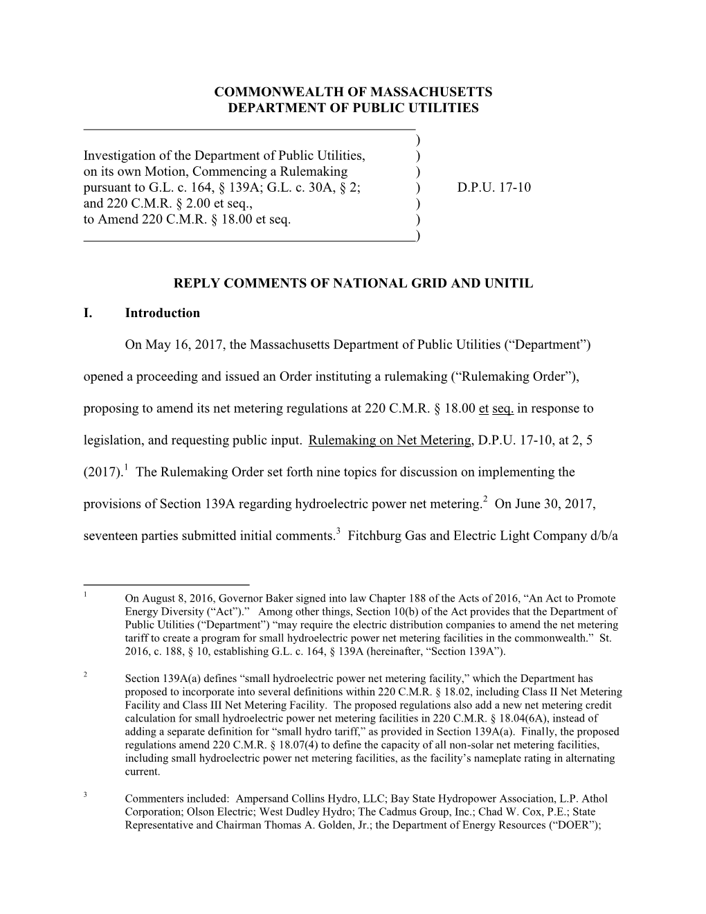 COMMONWEALTH of MASSACHUSETTS DEPARTMENT of PUBLIC UTILITIES ) Investigation of the Department of Public Utilities, ) on Its Ow