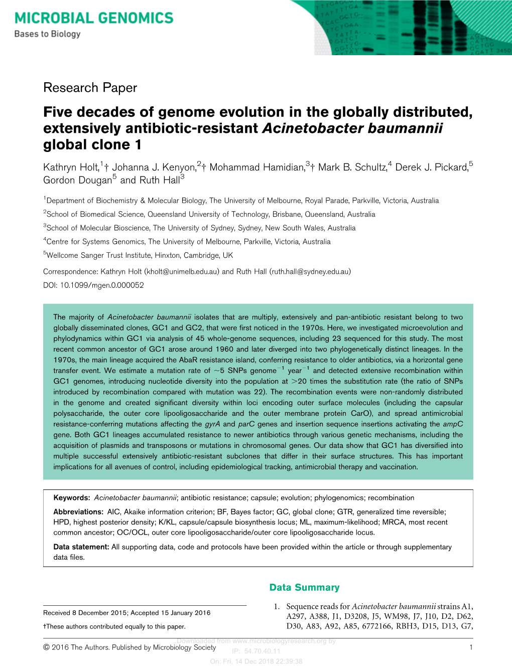 Five Decades of Genome Evolution in the Globally Distributed, Extensively Antibiotic-Resistant Acinetobacter Baumannii Global Clone 1