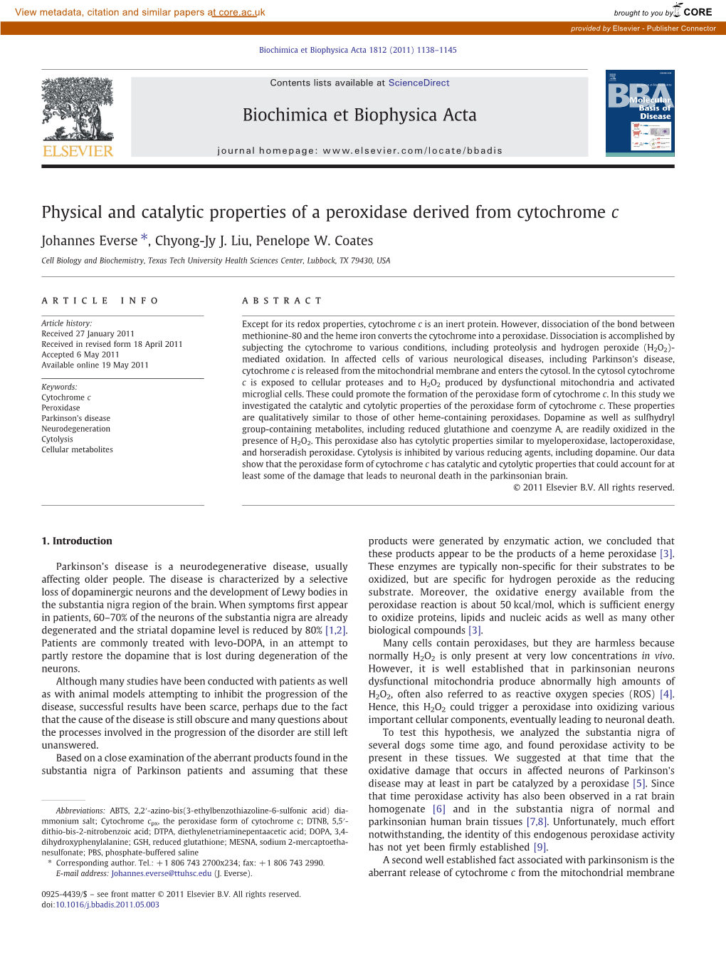 Physical and Catalytic Properties of a Peroxidase Derived from Cytochrome C