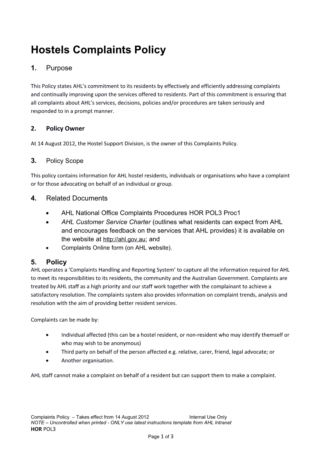 Hostels Complaints Policy