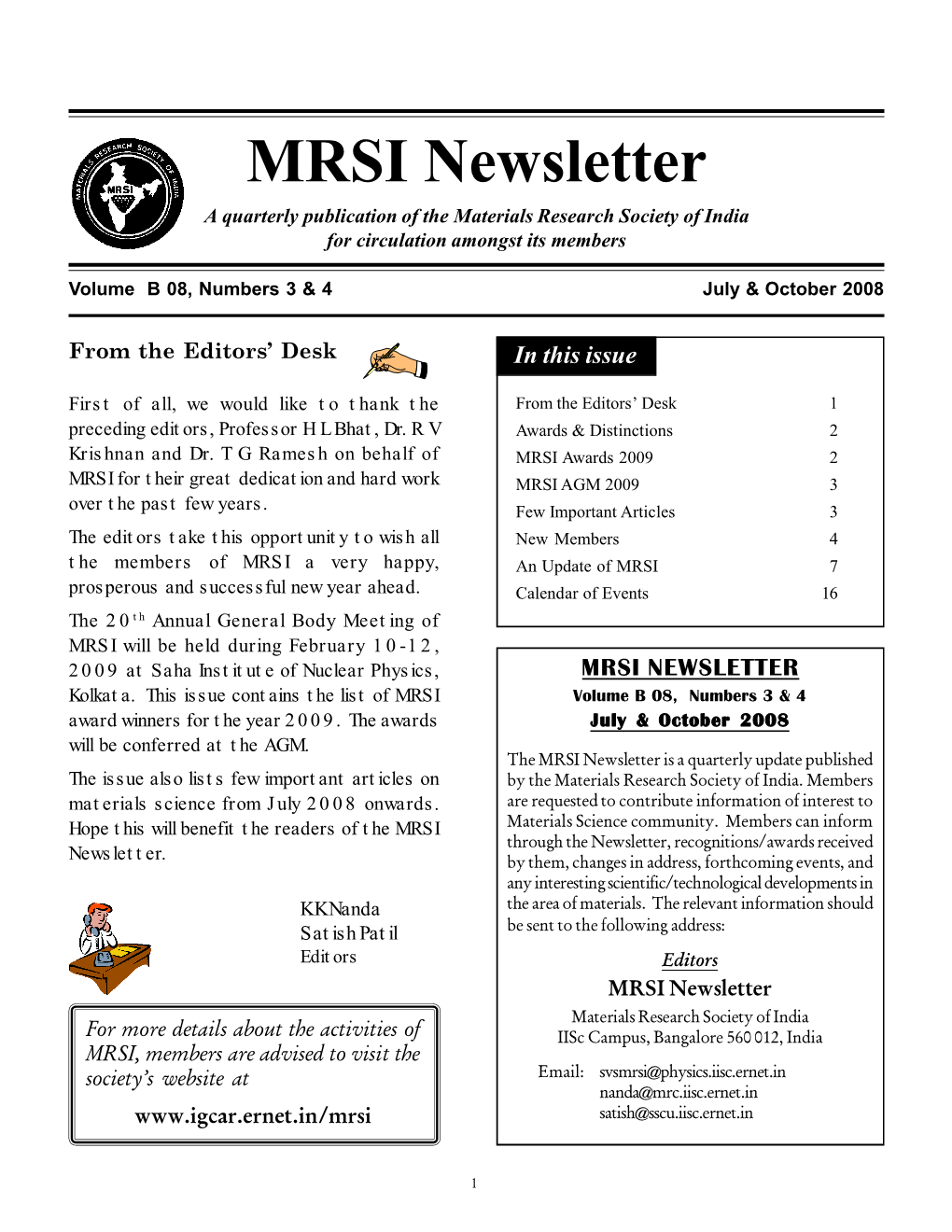 MRSI Newsletter a Quarterly Publication of the Materials Research Society of India for Circulation Amongst Its Members