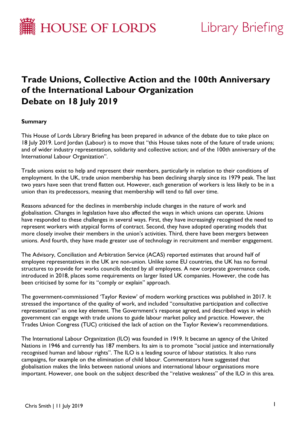 Trade Unions, Collective Action and the 100Th Anniversary of the International Labour Organization Debate on 18 July 2019