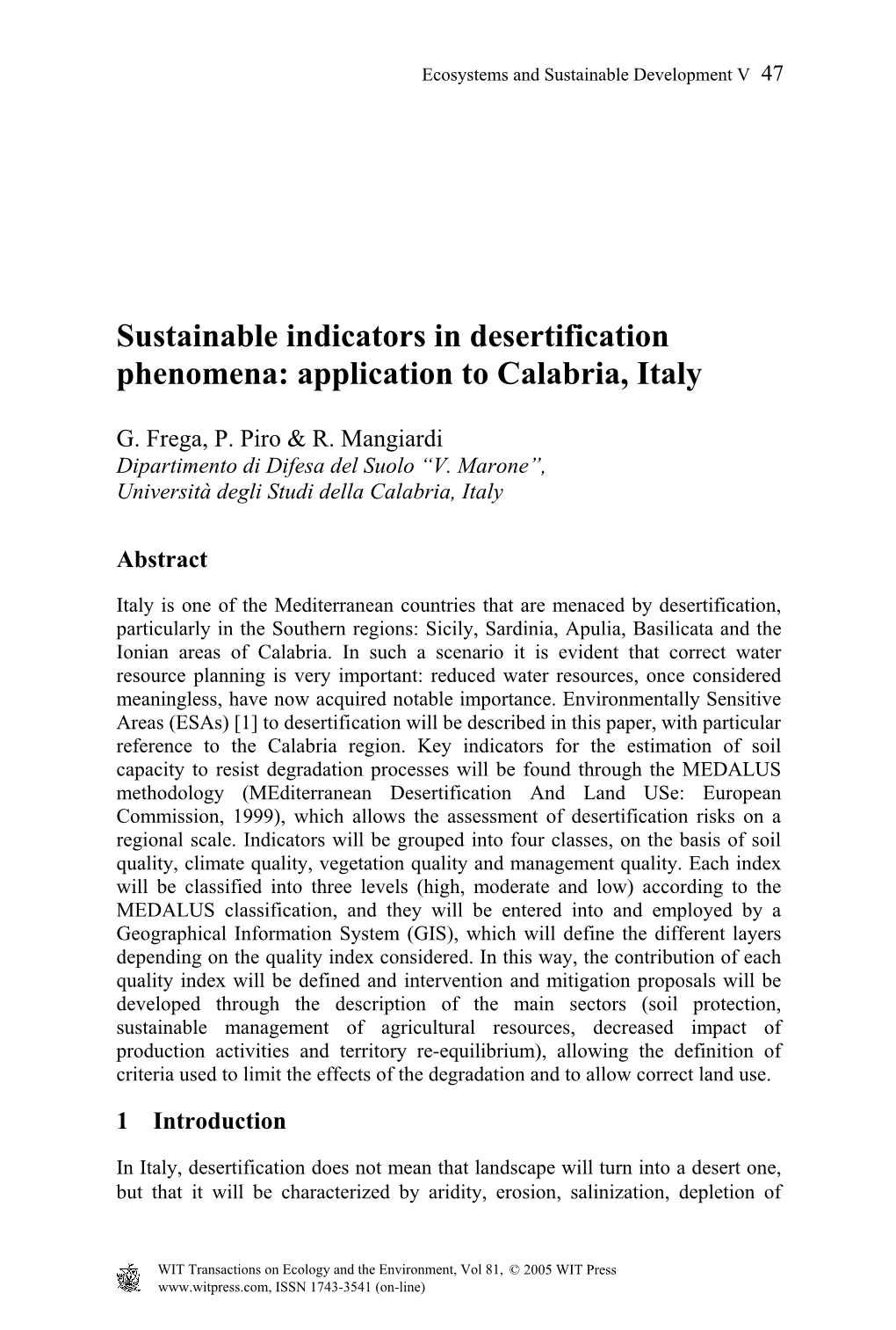 Sustainable Indicators in Desertification Phenomena: Application to Calabria, Italy