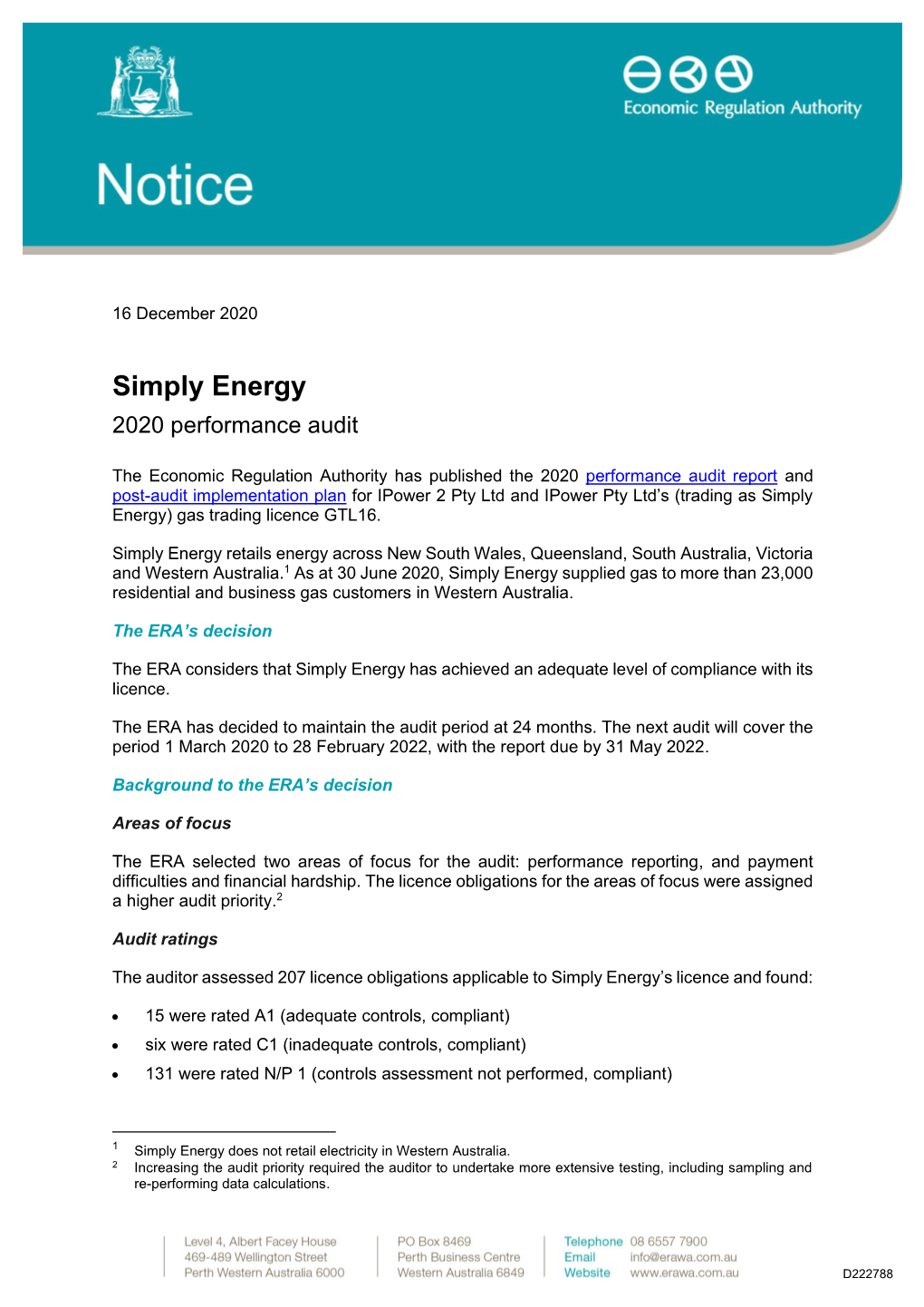 Simply Energy 2020 Performance Audit