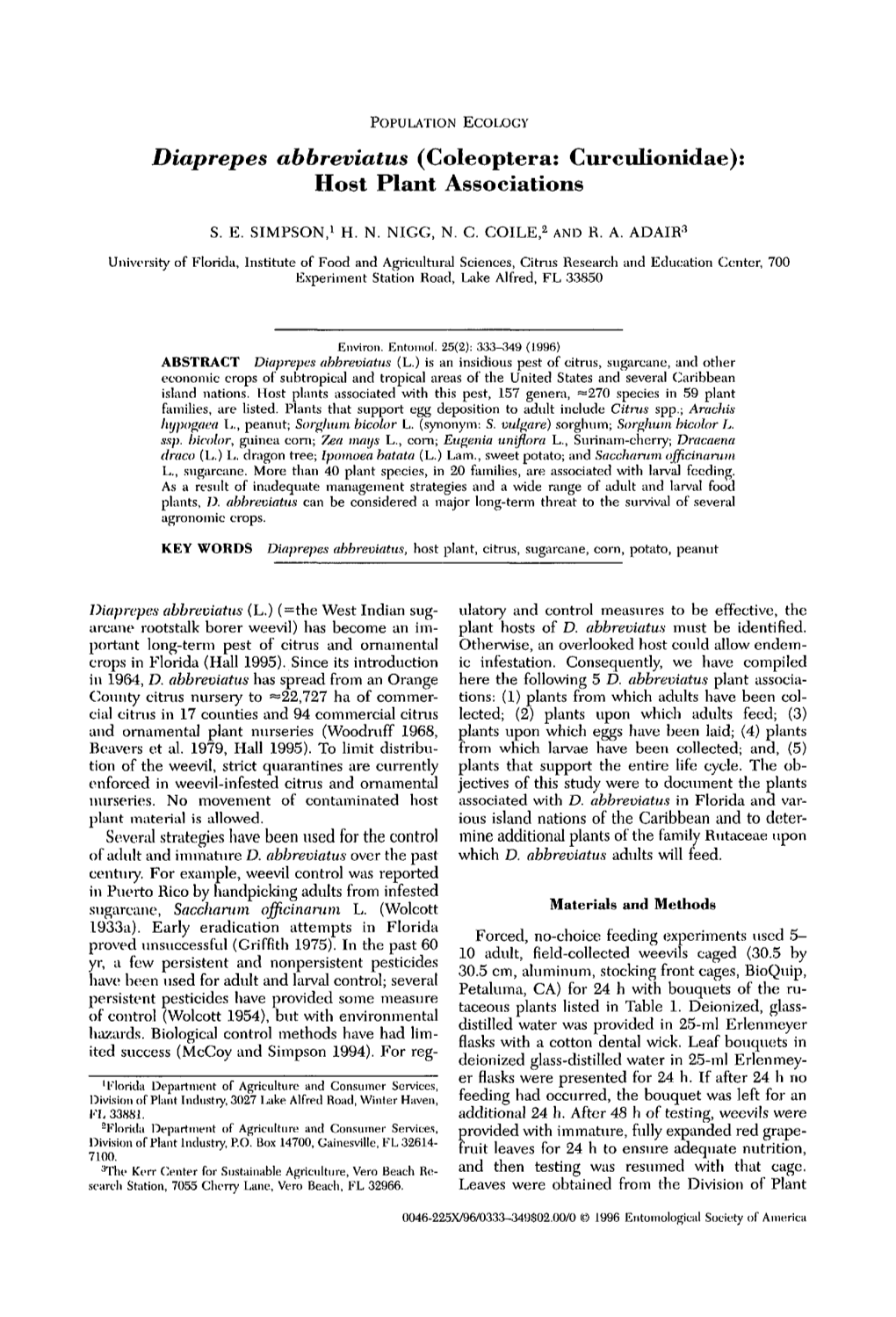 Diaprepes Abbreviatus</I> (Coleoptera: Curculionidae): Host