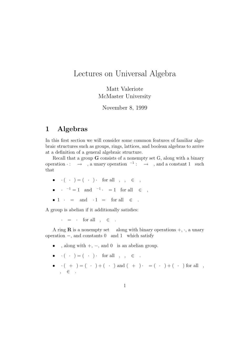 Lectures on Universal Algebra