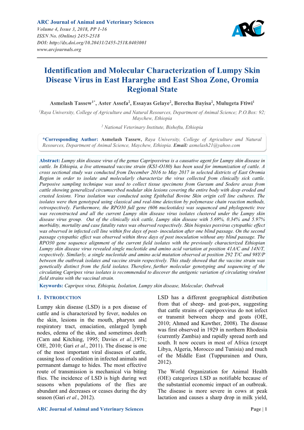 Identification and Molecular Characterization of Lumpy Skin Disease Virus in East Hararghe and East Shoa Zone, Oromia Regional State