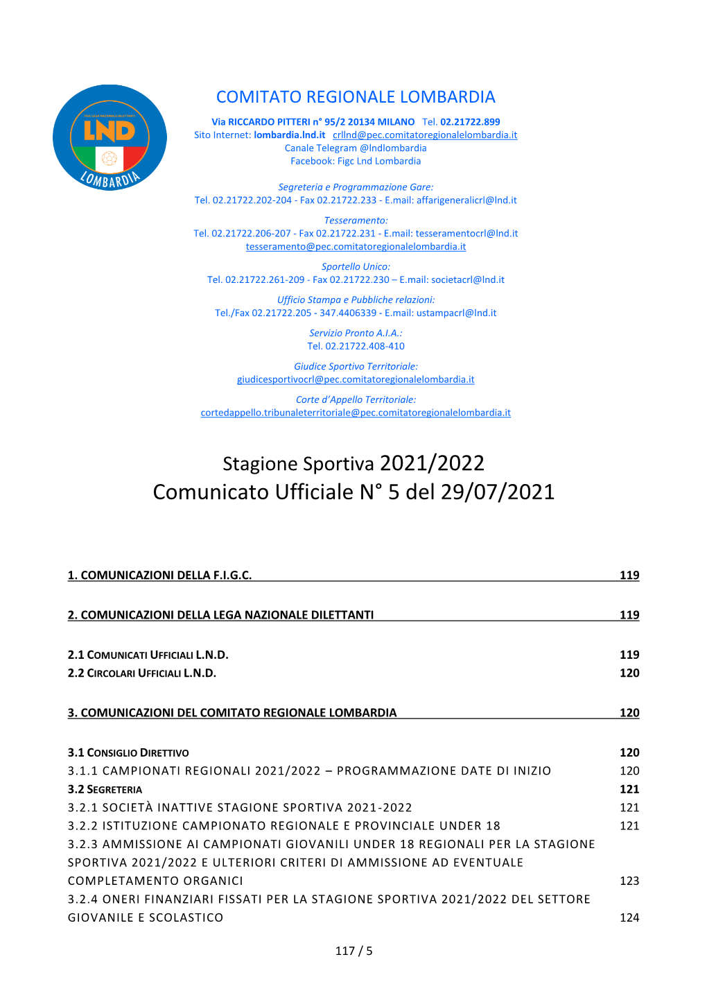 Comunicato Ufficiale N° 5 Del 29/07/2021