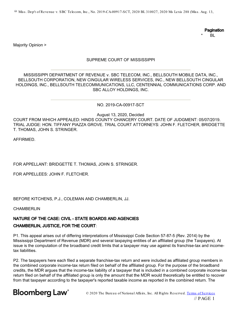 Miss. Dep't of Revenue V. SBC Telecom, Inc., No. 2019-CA-00917-SCT, 2020 BL 310027, 2020 Ms Lexis 288 (Miss