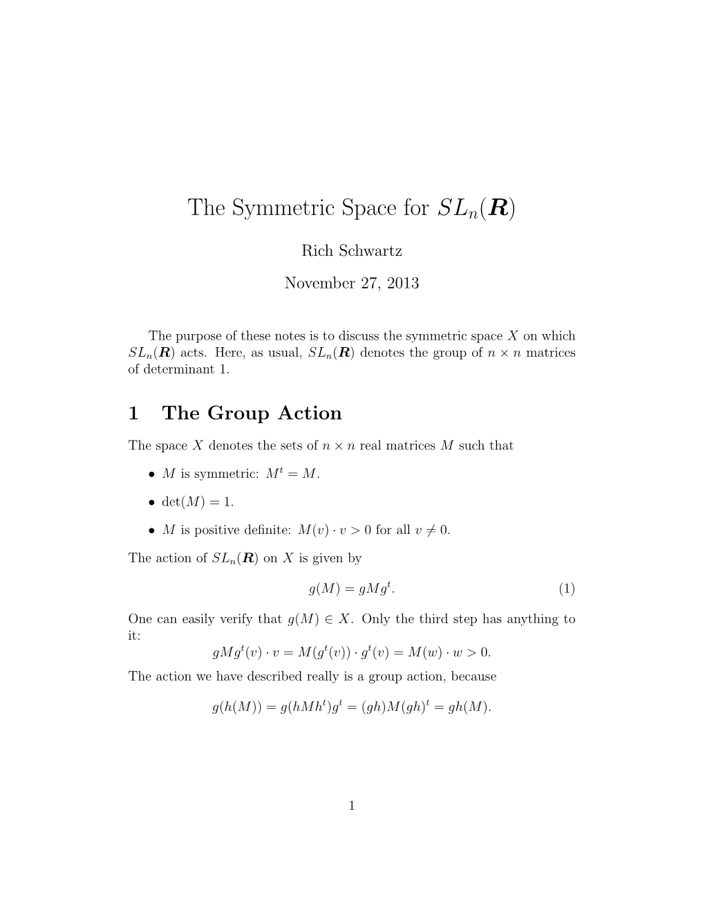 The Symmetric Space for Sln(R)