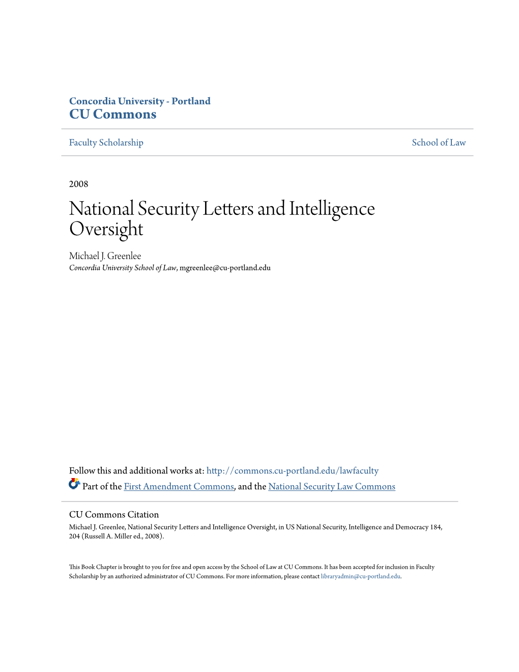 National Security Letters and Intelligence Oversight Michael J