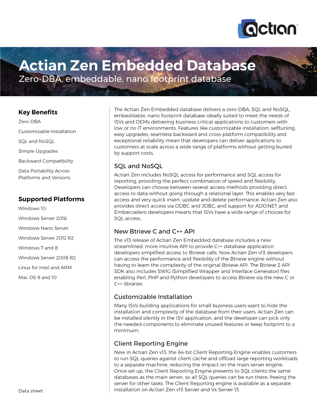 Actian Zen Embedded Database Zero-DBA, Embeddable, Nano Footprint Database