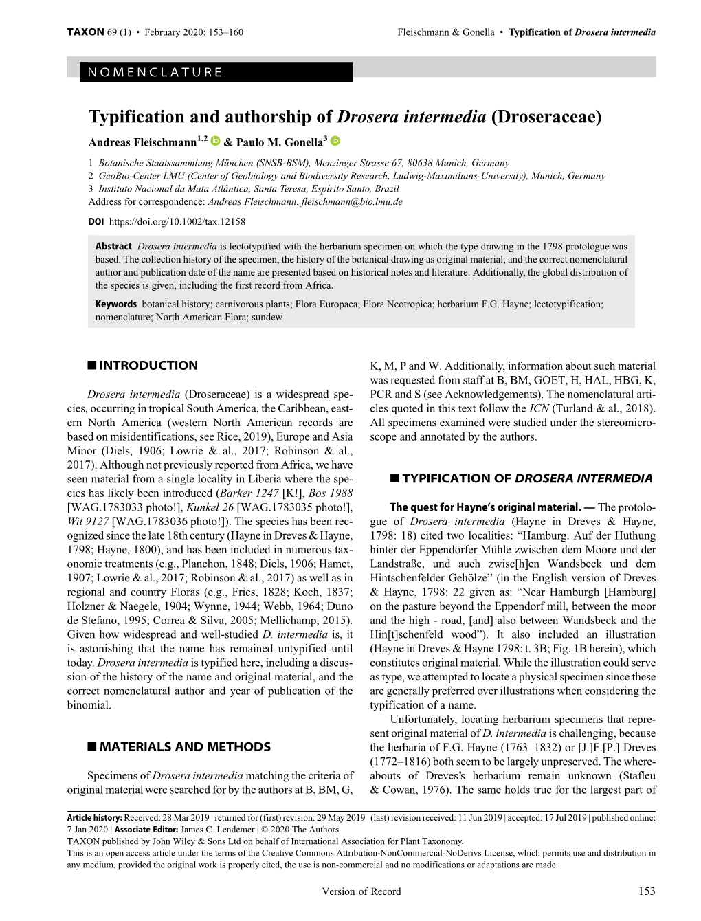 Typification and Authorship of Drosera Intermedia (Droseraceae) Andreas Fleischmann1,2 & Paulo M