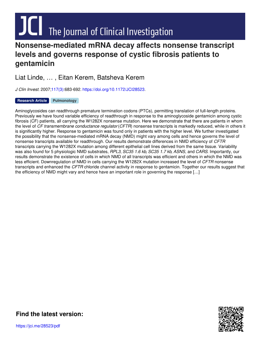 Nonsense-Mediated Mrna Decay Affects Nonsense Transcript Levels and Governs Response of Cystic Fibrosis Patients to Gentamicin